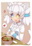  1girl :d animal_ears blue_eyes bowl bracelet breast_pocket byakko_(kemono_friends) chopsticks commentary curry_udon extra_ears eyebrows_visible_through_hair eyes_visible_through_hair fang food gloves hair_between_eyes hair_ornament hands_together heart heterochromia highres jacket japari_symbol jewelry kemono_friends long_sleeves medium_hair necktie open_mouth pocket simple_background smile solo spoken_heart steam tail teranekosu tiger_ears twintails udon white_gloves white_jacket white_neckwear yellow_eyes 