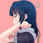  1girl bangs blue_hair chromatic_aberration from_side hand_on_own_arm long_hair love_live! love_live!_sunshine!! pink_background profile sellel short_sleeves side_bun simple_background solo squiggle tsushima_yoshiko upper_body violet_eyes 