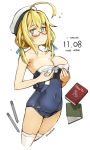  1girl ahoge blonde_hair book breasts breasts_day dated feet_out_of_frame glasses green_eyes hat i-8_(kantai_collection) kantai_collection large_breasts long_hair looking_at_viewer low_twintails peaked_cap red-framed_eyewear sakura_(medilore) school_swimsuit semi-rimless_eyewear simple_background solo swimsuit swimsuit_pull thigh-highs torpedo twintails twitter_username under-rim_eyewear white_background white_legwear 