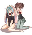  2girls ^_^ ahoge armband barefoot between_legs black_shirt blue_hair blush brown_eyes brown_hair closed_eyes closed_eyes closed_mouth clothes_around_waist daihon&#039;ei_chiyoko eyebrows_visible_through_hair hair_between_eyes hand_between_legs heart heshiko kneeling long_hair motion_lines multiple_girls myuto_(advent_retribution) off_shoulder own_hands_together pants red_scarf scarf shirt shirt_around_waist short_twintails single_bare_shoulder sitting smile tank_top totsugeki!_ningen_sensha towel towel_on_head twintails very_long_hair white_background 