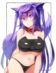  1girl animal_ears arms_at_sides bangs bare_arms bare_legs bare_shoulders black_bra black_panties bra breasts collar cowboy_shot eyebrows_visible_through_hair flying_sweatdrops frame hair_between_eyes highres kasuka_(kusuki) large_breasts looking_at_viewer nanacy_calvados navel original panties purple_hair red_collar solo stomach tail underwear underwear_only violet_eyes white_background wolf_ears wolf_tail 