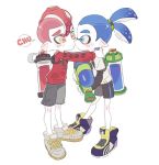 2boys agent_8 blue_eyes blue_hair blush_stickers cheek_kiss closed_mouth hug inkling kiss long_sleeves male_focus mohawk multiple_boys nintendo noii octoling redhead shoes shorts simple_background sneakers splatoon splatoon_2 super_smash_bros. super_smash_bros._ultimate tearing_up tentacle_hair thick_eyebrows yaoi yellow_eyes