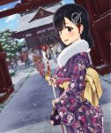  1girl ac_107 arrow bangs black_hair blush breath brown_eyes dutch_angle eyebrows_visible_through_hair fur_trim haguro_(kantai_collection) hair_ornament hairpin hamaya japanese_clothes kantai_collection kimono long_sleeves looking_at_viewer looking_back new_year obi open_mouth sash short_hair smile snow snowing solo_focus torii wide_sleeves 