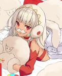  1girl altera_(fate) altera_the_santa bangs bare_shoulders dark_skin detached_sleeves earmuffs eyebrows_visible_through_hair fake_facial_hair fake_mustache fate/grand_order fate_(series) gloves hitsukuya jacket looking_at_viewer lying mittens open_mouth red_eyes sheep short_hair solo veil white_gloves white_hair white_jacket 