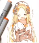  1girl :d ^_^ abigail_williams_(fate/grand_order) bangs black_bow blonde_hair blush bow brown_dress brown_hat closed_eyes commentary_request dress eyebrows_visible_through_hair facing_viewer fate/grand_order fate_(series) forehead hair_bow hat highres long_hair long_sleeves object_hug open_mouth orange_bow parted_bangs photo sleeves_past_fingers sleeves_past_wrists smile sofra solo stuffed_animal stuffed_toy teddy_bear traditional_media translated upper_body very_long_hair 