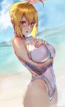  1girl absurdres ahoge arm_under_breasts artoria_pendragon_(all) artoria_pendragon_(lancer) bangs bare_shoulders beach blonde_hair blue_eyes blue_sky blush braid breasts clouds day fate/grand_order fate_(series) french_braid green_eyes hair_between_eyes halterneck hand_on_own_chest highres large_breasts looking_at_viewer ocean open_mouth outdoors rolua sand shore sidelocks sky swept_bangs swimsuit thighs water wet white_swimsuit 