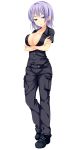  1girl black_footwear black_pants black_shirt blue_eyes breasts cleavage crossed_arms full_body large_breasts liliana_theresa_smirnov looking_at_viewer official_art pants patriarch_xtasy pocket purple_hair shirt shoes short_hair short_sleeves solo standing transparent_background 
