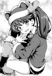  1girl animal_hat bell boots commentary_request fang fur_trim gloves greyscale hair_ornament hair_scrunchie hat highres kantai_collection looking_at_viewer miniskirt monochrome pleated_skirt ryuujou_(kantai_collection) santa_costume santa_hat scrunchie skirt solo thighs twintails uousa-ou visor_cap 
