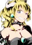  1girl aqua_earrings black_dress blonde_hair blue_eyes bowsette breasts cleavage collar collarbone crown dress earrings grin horns jewelry kumaomega long_hair looking_at_viewer super_mario_bros. new_super_mario_bros._u_deluxe nintendo portrait sharp_teeth simple_background smile solo spiked_armlet spiked_collar spiked_shell spikes strapless strapless_dress super_crown teeth turtle_shell white_background 