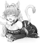  1girl ahoge animal_ears ass atalanta_(alter)_(fate) atalanta_(fate) blush chin_stroking cold_(hoshinoskull) collar detached_sleeves fang fate/grand_order fate_(series) greyscale highres long_hair monochrome sweat tail twitching 