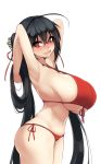  1girl absurdres ahoge armpits arms_behind_back arms_up ass azur_lane bikini black_hair blush breasts commentary_request highres huge_ahoge huge_breasts long_hair looking_at_viewer red_bikini sideboob simple_background smile solo strap_gap sub-res swimsuit taihou_(azur_lane) thighs under_boob very_long_hair white_background 