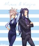  1boy 1girl alternate_costume assassin_(fate/stay_night) blue_eyes crossed_arms fate/grand_order fate_(series) formal kibou long_hair miyamoto_musashi_(fate/grand_order) ponytail simple_background suit 