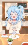  1girl ^_^ absurdres aqua_bow bang_dream! bangs blue_hair blush bow cafe chalkboard closed_eyes closed_eyes commentary_request cup cupping_hand facing_viewer feeding food fork furou hair_bow highres holding holding_fork incoming_food indoors jacket kettle light_blue_hair long_hair long_sleeves matsubara_kanon menu_board one_side_up open_mouth plate pom_pom_(clothes) pov_across_table pov_feeding saucer solo sparkle strawberry_shortcake teacup white_jacket 