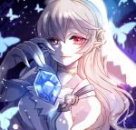  1girl bug butterfly closed_mouth elbow_gloves female_my_unit_(fire_emblem_if) fire_emblem fire_emblem_heroes fire_emblem_if gloves insect koyokoyot long_hair my_unit_(fire_emblem_if) nintendo pointy_ears red_eyes solo stone veil white_gloves white_hair 