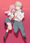  1boy 1girl :d ashido_mina bakugou_katsuki black_footwear black_legwear black_sclera blonde_hair boku_no_hero_academia collared_shirt dress_shirt grey_pants grey_skirt horns jumping kneehighs looking_at_viewer maneki-neko_(fujifuji) middle_finger miniskirt necktie open_mouth pants pink_hair pink_skin pleated_skirt red_background red_eyes red_neckwear sanpaku shirt short_sleeves skirt smile spiky_hair u.a._school_uniform v_over_eye white_shirt yellow_eyes 