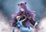  1girl armor black_armor breasts camilla_(fire_emblem_if) cleavage closed_mouth creatures_(company) dated fire_emblem fire_emblem_if game_freak gen_4_pokemon glaceon gloves hair_over_one_eye large_breasts long_hair nintendo pokemon pokemon_(creature) purple_gloves purple_hair robaco smile tiara twitter_username upper_body violet_eyes 