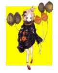  1girl abigail_williams_(fate/grand_order) balloon bangs black_bow black_jacket blonde_hair blue_eyes bow commentary_request crossed_bandaids fate/grand_order fate_(series) full_body hair_bow hair_bun heroic_spirit_traveling_outfit highres holding_balloon jacket juu_ame long_hair long_sleeves looking_at_viewer object_hug orange_bow parted_bangs parted_lips polka_dot polka_dot_bow red_bow red_footwear shoes sleeves_past_fingers sleeves_past_wrists solo standing star stuffed_animal stuffed_toy teddy_bear two-tone_background white_background yellow_background 