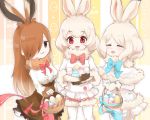  3girls :3 =_= albino animal_ears arctic_hare_(kemono_friends) bangs blush bow bowtie brown_eyes brown_gloves brown_hair brown_legwear bunny_girl capelet closed_eyes commentary_request easter easter_egg egg european_hare_(kemono_friends) eyebrows_visible_through_hair fur-trimmed_capelet fur-trimmed_shorts fur-trimmed_sleeves fur_collar fur_trim gloves gradient_hair hair_over_one_eye heart heart_print horizontal_stripes jitome juliet_sleeves kemono_friends lolita_fashion long_hair long_sleeves looking_at_viewer mountain_hare_(kemono_friends) multicolored_hair multiple_girls open_mouth pantyhose pantyhose_under_shorts pastel_colors pink_bow pink_neckwear platinum_blonde_hair puffy_shorts puffy_sleeves rabbit_ears red_eyes ringlets shiny shiny_skin shirt short_hair shorts sitting smile smug standing striped swept_bangs tail tareme tatsuno_newo thigh-highs twitter_username two-tone_hair white_hair white_legwear white_shirt white_shorts 