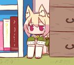  1girl animal_ear_fluff animal_ears bangs bell bell_collar blonde_hair blush book bookshelf brown_collar chest_of_drawers chibi collar eyebrows_visible_through_hair fox_ears green_shirt hair_between_eyes hands_on_own_knees jingle_bell kemomimi-chan_(naga_u) kneehighs long_hair long_sleeves looking_at_viewer naga_u on_floor original red_eyes red_footwear sailor_collar shirt sidelocks sitting sleeves_past_fingers sleeves_past_wrists solo white_legwear white_sailor_collar 