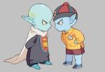  2boys arms_behind_back bald black_eyes cape dragon_ball dragon_ball_(classic) dragonball_z expressionless frown full_body garlic_jr. gong_(mgong520) grey_background hand_on_hip hat male_focus multiple_boys pilaf pointy_ears profile serious shirt shorts simple_background standing yellow_shirt 