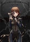  1girl bangs blunt_bangs bodysuit braid brown_hair card_(medium) chains corset covered_navel crown_braid gloves grey_gloves holding holding_mask index_finger_raised looking_at_viewer mask niijima_makoto persona persona_5 red_eyes short_hair signature wani_(fadgrith) 