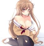  1girl black_skirt blush breasts brown_eyes cardigan cleavage closed_mouth collarbone embarrassed eyebrows_visible_through_hair hirune_(konekonelkk) kantai_collection large_breasts light_brown_hair long_hair long_sleeves looking_down murasame_(kantai_collection) open_clothes pantyhose simple_background sitting skirt solo striped striped_skirt torn_clothes twintails very_long_hair white_background 