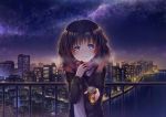  1girl black_jacket blue_eyes blush brown_hair building can cityscape holding holding_can hot_chocolate jacket medium_hair naru_(kts5584) night night_sky original pink_scarf railing scarf sky skyscraper smile solo standing star_(sky) starry_sky 
