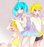  1boy 2girls ^_^ ahoge aqua_eyes aqua_hair arm_tattoo bare_shoulders blonde_hair blush closed_eyes closed_eyes collarbone dress drying drying_hair gradient_clothes hatsune_miku kagamine_len kagamine_rin kawahara_chisato looking_at_viewer multiple_girls number_tattoo o3o open_mouth puckered_lips shirt short_hair shorts shoulder_blades smile strap strapless strapless_dress striped_towel t-shirt tattoo towel towel_around_neck twintails vocaloid 
