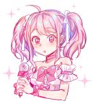  1girl :o ahoge bang_dream! bangs bare_shoulders bow bowtie choker cropped_torso detached_sleeves hair_ribbon here_(artist) holding holding_microphone looking_at_viewer maruyama_aya microphone pink_bow pink_choker pink_eyes pink_hair pink_neckwear ribbon sidelocks solo sparkle twintails upper_body white_ribbon wrist_bow 