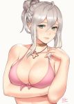  1girl 2018 bikini bikini_top breasts choker cleavage collarbone commentary effie english_commentary fire_emblem fire_emblem_heroes green_eyes highres intelligent_systems jewelry large_breasts looking_at_viewer necklace nintendo parted_lips pink_bikini pink_bikini_top sciamano240 signature silver_hair simple_background solo summer swimsuit upper_body white_background 