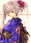  1girl alternate_costume blue_eyes earrings fate/grand_order fate_(series) highres japanese_clothes jewelry kawanakajima kimono looking_down miyamoto_musashi_(fate/grand_order) ponytail smile 