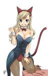  1girl animal_ears bangs blonde_hair blue_eyes blush bow bowtie breasts cat_ears cat_tail cleavage coat detached_collar earrings eden&#039;s_zero fake_animal_ears hair_ornament high_heels jewelry large_breasts leotard_under_clothes long_hair mashima_hiro official_art open_mouth pantyhose rebecca_(eden&#039;s_zero) signature simple_background sleeveless smile solo strapless swept_bangs tail teeth waistcoat white_background wrist_cuffs 