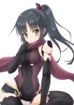  1girl bangs bare_shoulders black_gloves black_hair black_legwear blush breasts brown_leotard brown_scarf chize covered_navel doll_joints elbow_gloves eyebrows_visible_through_hair fate/grand_order fate_(series) gloves green_eyes hand_up head_tilt high_ponytail katou_danzou_(fate/grand_order) leotard long_hair medium_breasts parted_bangs parted_lips ponytail scarf simple_background solo thigh-highs very_long_hair white_background 