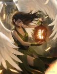  1girl angel_wings bird bracelet breasts brown_eyes brown_hair building cage choker cleavage closed_mouth copyright_name dragoborne dress green_dress green_legwear holding jewelry large_breasts long_hair profile raikoart solo thigh-highs watermark wind wings 