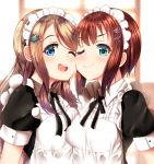  2girls ;) ;d alternate_costume apron ayase_arisa black_dress black_ribbon blue_eyes blurry blurry_background blush breasts brown_hair cheek-to-cheek collared_dress commentary_request depth_of_field dress enmaided green_eyes hair_ornament hairclip kousaka_yukiho long_hair love_live! love_live!_school_idol_project mad_(hazukiken) maid medium_breasts multiple_girls neck_ribbon one_eye_closed open_mouth puffy_short_sleeves puffy_sleeves ribbon short_sleeves smile upper_body upper_teeth very_long_hair white_apron window 