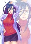  blue_eyes blue_hair dress glasses jacket licking_lips long_hair medium_breats multicolored_hair pencil_skirt purple_hair red_sweater ribbed_sweater rival_schools shimaguni_yamato skirt standing sweater sweater_dress tongue tongue_out two-tone_hair very_long_hair white_jacket zoom_layer 