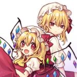  2girls ascot bangs blonde_hair blush bow colored_eyelashes commentary_request crystal dual_persona eyebrows_visible_through_hair fang flandre_scarlet gradient gradient_background hair_between_eyes hand_on_own_cheek hand_up hat hat_bow hat_ribbon highres kyouda_suzuka light_particles long_hair looking_at_viewer mob_cap multiple_girls one_side_up open_mouth puffy_short_sleeves puffy_sleeves purple_background red_bow red_eyes red_ribbon red_skirt red_vest ribbon shirt short_sleeves sitting skirt skirt_set smile touhou vest white_background white_hat white_shirt wings yellow_neckwear 