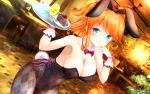  1girl 2018 animal_ears arms_up artist_name bare_shoulders black_leotard blue_eyes blurry bow bowtie breasts bunny_girl bunny_tail bunnysuit cake ceiling_fan chair checkered checkered_legwear chocolate_cake cleavage closed_mouth collarbone commentary_request couch covered_navel cowboy_shot cross-laced_clothes dated depth_of_field detached_collar drink dutch_angle eyebrows_visible_through_hair fingers_to_cheeks food fork girlfriend_(kari) glint gloves hair_ornament hair_ribbon highres holding holding_tray indoors leotard light_rays looking_at_viewer masa_(mirage77) orange_hair pantyhose partial_commentary pink_bow pink_neckwear pink_ribbon plant plate print_legwear rabbit_ears ribbon sagara_emi smile solo standing strapless strapless_leotard table tail thighs tray twintails wallpaper water white_gloves 