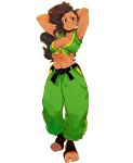  1girl alternate_breast_size andrea_cofrancesco armpits arms_up asymmetrical_hair baggy_pants belt black_belt black_hair black_legwear blush_stickers bracelet breasts brown_eyes cleavage cornrows dark_skin front-tie_top frown full_body green_pants highres jewelry laura_matsuda long_hair midriff navel pants small_breasts solo standing street_fighter street_fighter_v toeless_legwear toes wavy_hair white_background 