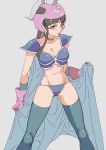  1girl armor ass_visible_through_thighs bangs bikini bikini_armor black_eyes black_hair breasts cape chi-chi_(dragon_ball) dragon_ball dragon_ball_(classic) eyebrows_visible_through_hair eyelashes frown gloves gong_(mgong520) grabbing grey_background helmet highres long_hair looking_at_viewer pink_gloves serious simple_background solo spread_legs standing swimsuit thigh-highs 
