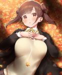  1girl autumn_leaves bangs black_jacket blush breasts brown_eyes brown_hair double_bun hands_on_own_chest hands_together highres idolmaster idolmaster_shiny_colors interlocked_fingers jacket large_breasts long_hair looking_at_viewer lying neck_ribbon nekoshoko on_back open_clothes open_jacket open_mouth ribbon short_twintails solo sonoda_chiyoko sweater twintails yellow_ribbon 