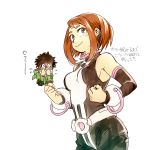  1boy 1girl adapted_costume blush_stickers boku_no_hero_academia breasts brown_eyes brown_hair clenched_hands covering_face detached_sleeves embarrassed hk_(nt) hood hood_down looking_at_another medium_breasts messy_hair midoriya_izuku short_hair sideboob sidelocks sleeveless sleeveless_bodysuit smile translation_request uraraka_ochako white_background 
