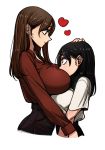  2girls ass black_hair blush breasts brown_eyes brown_hair earrings heart jewelry large_breasts lily_sia looking_at_another multiple_girls original petting shirt_tucked_in simple_background smile white_background 