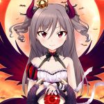  &gt;:) 1girl asymmetrical_gloves bat crown drill_hair evil_eyes eyebrows_visible_through_hair frills gloves grey_hair heart horns idolmaster idolmaster_cinderella_girls kalian kanzaki_ranko long_hair mini_crown moon red_eyes red_moon ribbon smile twin_drills twintails wings 