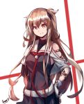  1girl absurdres artist_name breasts brown_hair chains gloves hair_between_eyes hair_flaps hand_on_own_chest highres kantai_collection long_hair medium_breasts murasame_(kantai_collection) raised_eyebrows red_eyes smile solo tegar32 white_background 