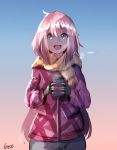  1girl absurdres artist_name black_gloves blue_eyes fingerless_gloves gloves hair_between_eyes highres kagamihara_nadeshiko long_hair pink_hair scarf school_uniform smile steam tegar32 yellow_scarf yurucamp 