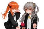  2girls bangs black_bow black_jacket black_ribbon black_skirt blush bow brown_eyes candy closed_mouth collared_shirt crying crying_with_eyes_open dokomon eyebrows_visible_through_hair fang food girls_frontline grey_hair hair_between_eyes hair_bow hair_ornament hairclip hand_holding hand_up highres holding holding_food holding_lollipop jacket lollipop long_hair multiple_girls neck_ribbon open_clothes open_jacket orange_hair parted_lips pleated_skirt ribbon scar scar_across_eye shirt sidelocks skirt swirl_lollipop tears twintails ump45_(girls_frontline) ump9_(girls_frontline) very_long_hair white_shirt wiping_tears 