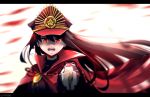  1girl absurdres artist_name brown_hair cape fangs fate/grand_order fate_(series) foreshortening hair_between_eyes hat highres katana letterboxed oda_nobunaga_(fate) open_mouth red_cape red_eyes shaded_face solo sword tegar32 weapon 