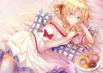  1girl arm_support bangs bare_shoulders blonde_hair blue_eyes bow candy collarbone doughnut drill_hair food frilled_shirt frills garter_straps highres hirakuneko lily_(shinnazuki) long_hair looking_at_viewer lying off-shoulder_shirt on_side parted_bangs parted_lips petticoat pillow plate pleated_skirt quad_drills red_bow red_ribbon ribbon ribbon-trimmed_sleeves ribbon_trim shinnazuki shirt skirt skirt_set solo thigh-highs twin_drills white_legwear white_shirt white_skirt 