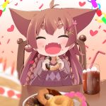  1girl :d ^_^ animal_ears antenna_hair bangs bendy_straw blurry blurry_foreground blush braid brown_hair cake chair closed_eyes closed_eyes commentary_request confetti cup depth_of_field doughnut drink drinking_glass drinking_straw eyebrows_visible_through_hair facing_viewer fangs food food_on_face hair_between_eyes hair_ornament hairclip heart highres holding holding_food ice ice_cube long_hair makuran momiji_(makuran) on_chair open_mouth original plate short_eyebrows sitting slice_of_cake smile solo table thick_eyebrows twin_braids very_long_hair 